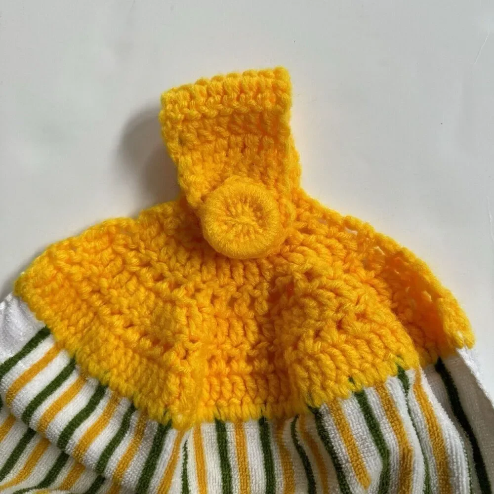vintage Crochet Hanging Kitchen towel peaches fruit yellow cotton mcm Retro 70s